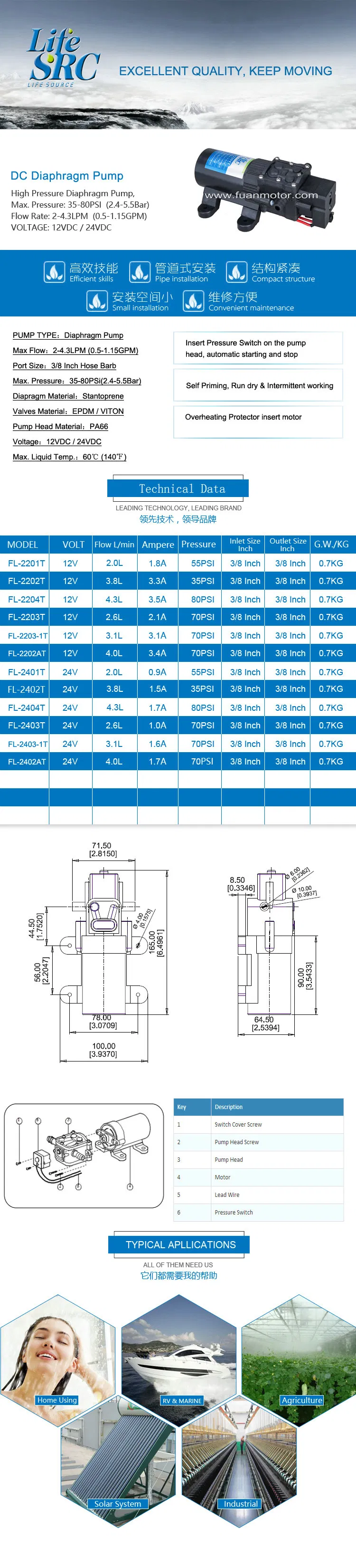 Lifesrc Shurflo DC Diaphragm Pressure Pump for Drinking System